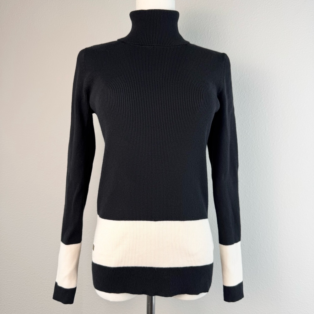 Lauren Ralph Lauren Ribbed Turtleneck Sweater Size L Black Ivory Minimalist luxe